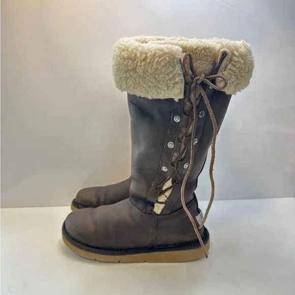UGG Australia Upside Brown Leather Tall Winter Lace Boots Women’s Size 6 - Picture 2 of 10